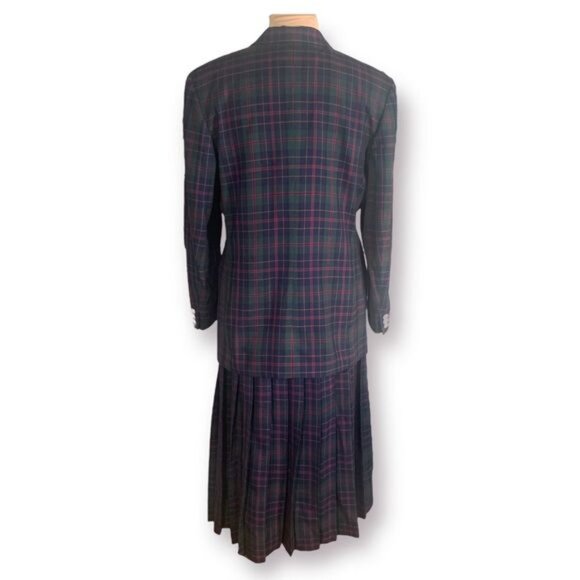 Vintage JHCollectibles Skirt Suit Double Breasted Blazer Wool Green Red Plaid - Picture 4 of 16
